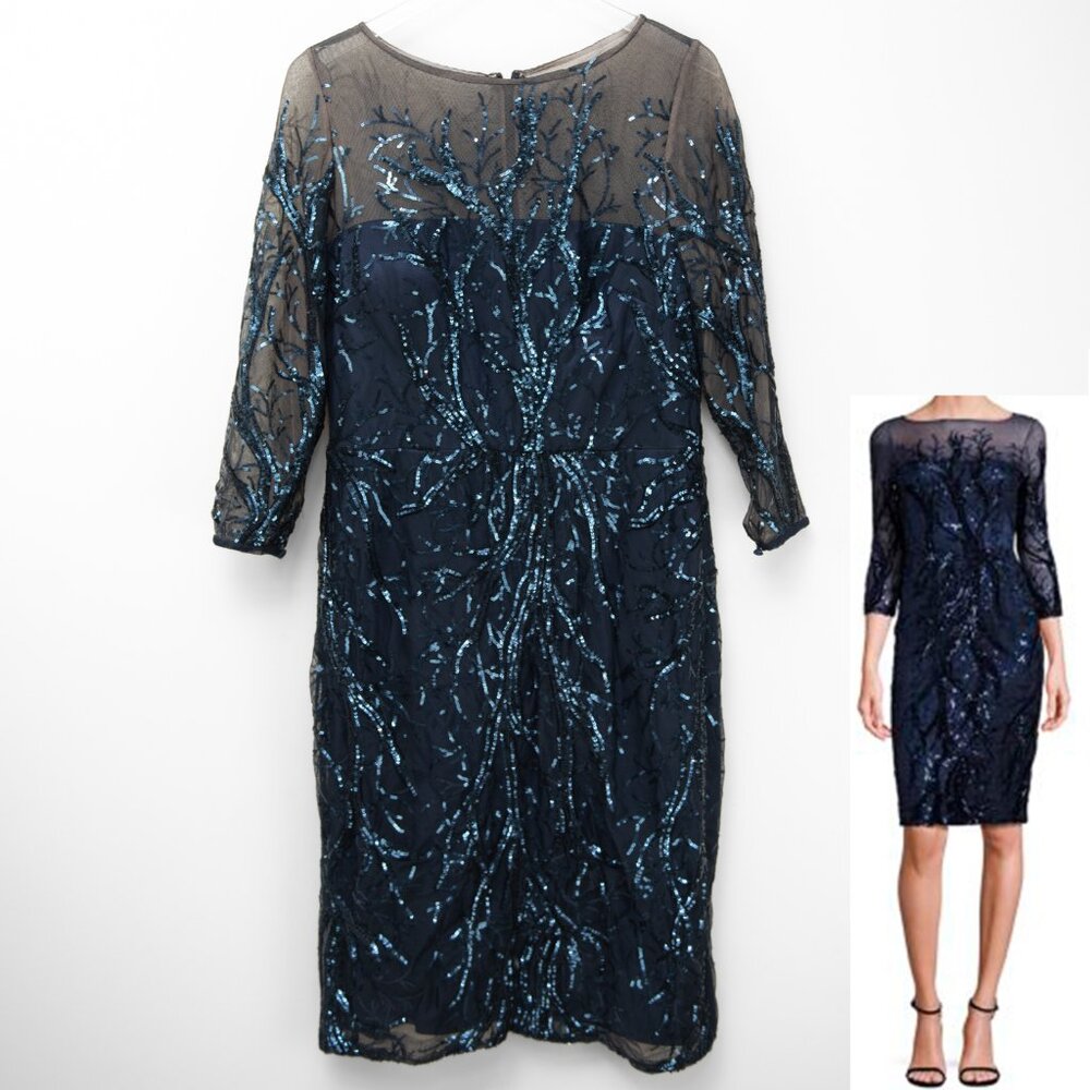 David Meister Sheath Dress Embellished Quater Sleeve Cocktail Navy Blue Size 14